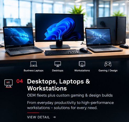 Desktops, Laptops & Workstations — OEM fleets plus custom gaming & design builds